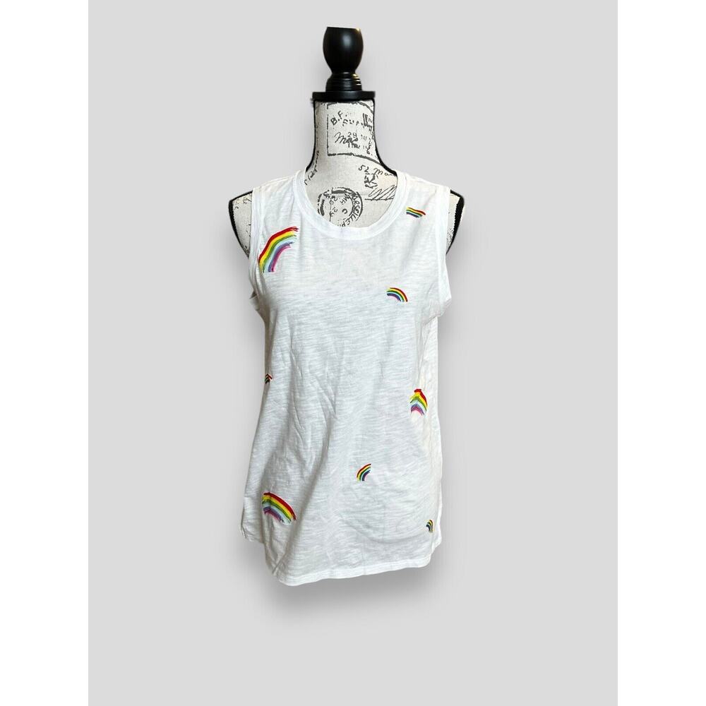 NWOT White Slub Knit Tank Top Easy Tee Brushstroke Rainbows Large